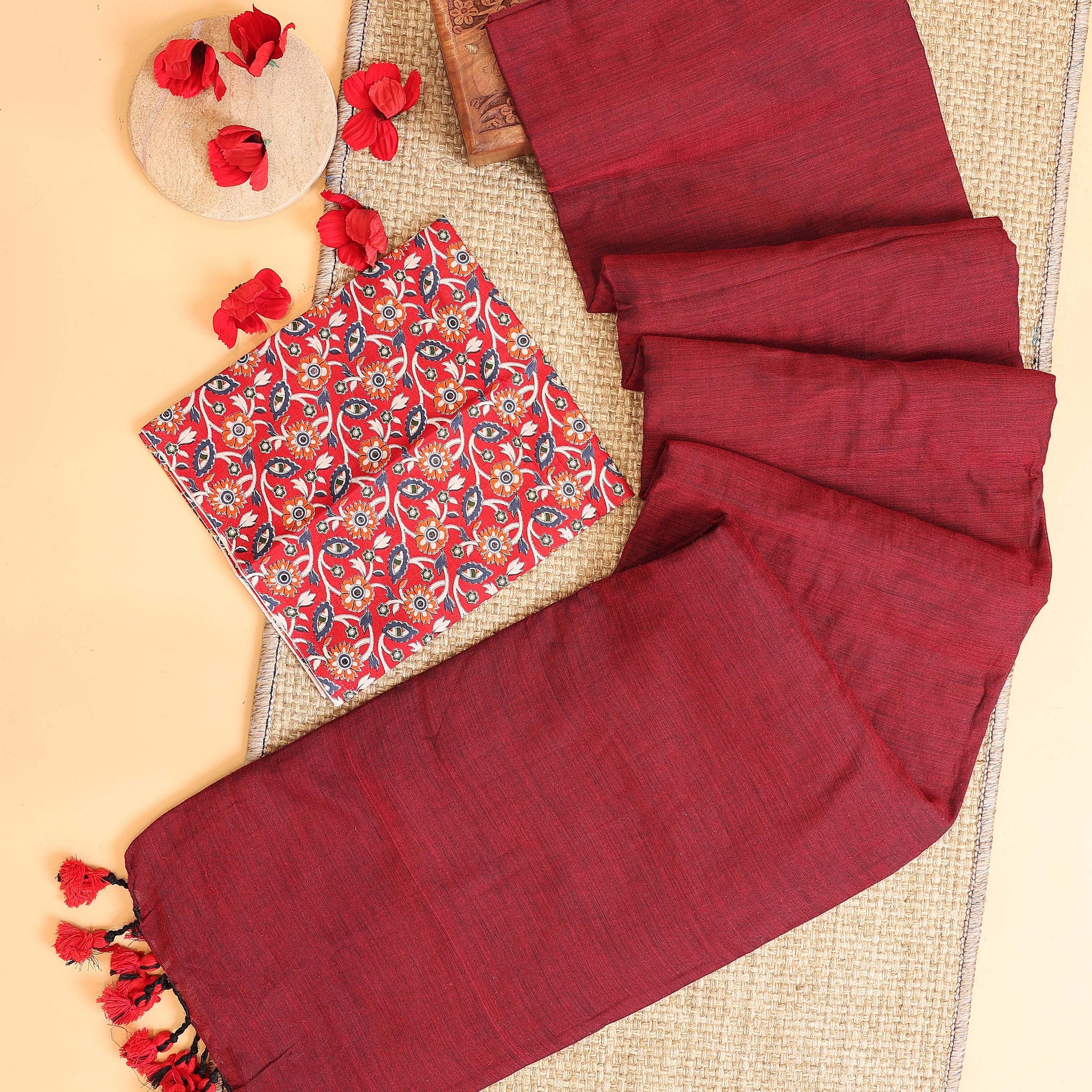 Handwoven Khadi Cotton Saree with Contrast Printed Blouse and Tassel Accents -  Maroon