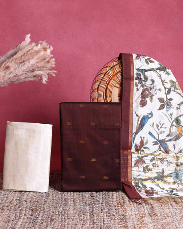 Women’s Unstitched Salwar Suit Material Set with Woven Butti Top 2.5 Mtr Solid Pant 2 Mtr & Floral Printed Dupatta 2.25 Mtr - Dark Maroon