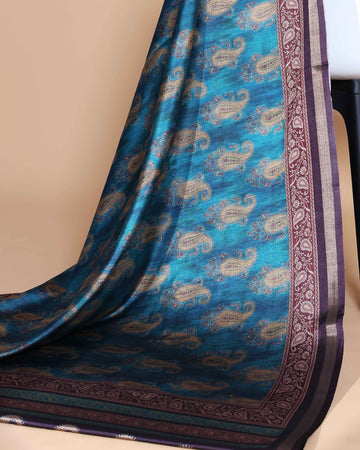 Teal Art Silk Saree with Intricate Floral and Geometric Weave Pattern