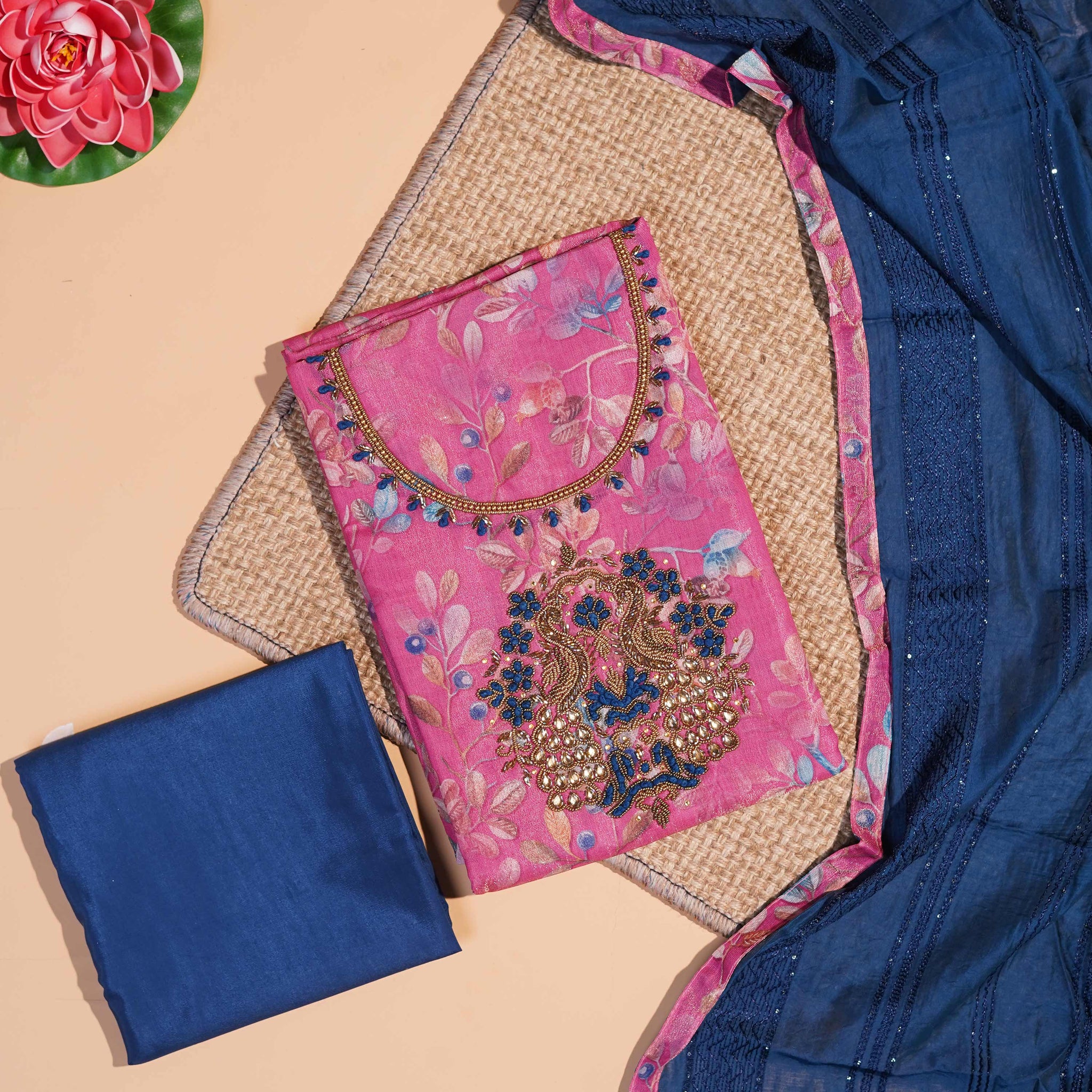 Unstitched Floral Printed Salwar Suit Material with Intricate Embroidered Neckline and Motif  - Pink