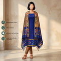 Dark Blue Salwar Suit Material With Brown Bottom Fabric And Colorful Ikat Dupatta - Front View
