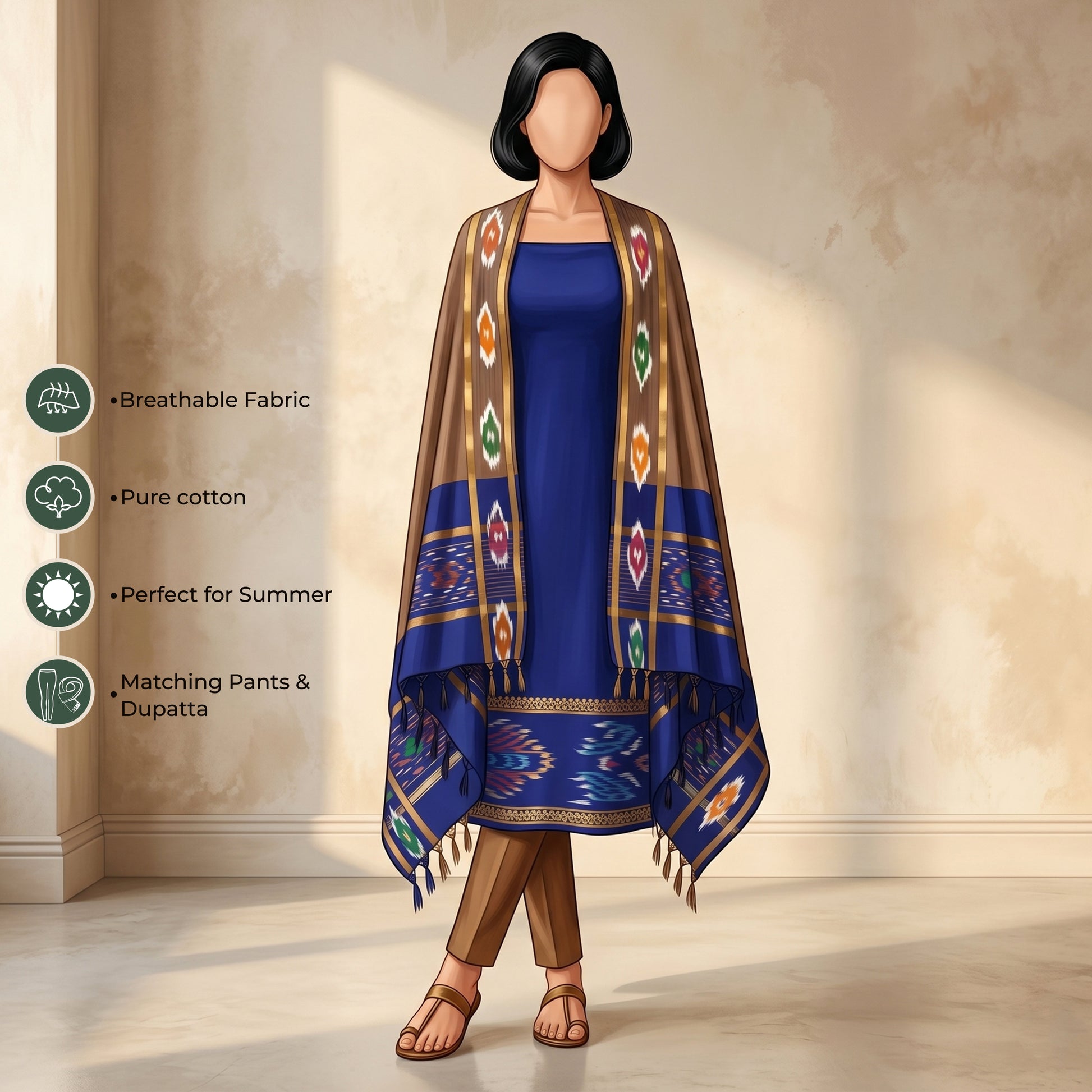 Dark Blue Salwar Suit Material With Brown Bottom Fabric And Colorful Ikat Dupatta - Front View
