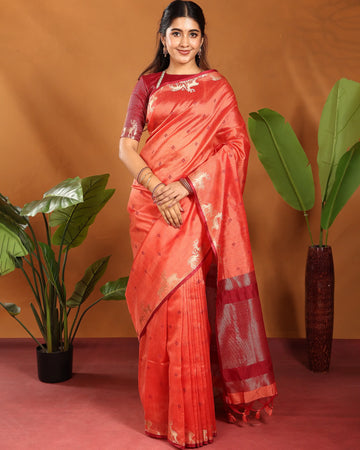 Raw Silk Saree with Maroon Woven Border Floral Butta Motifs & Traditional Tassel Pallu - Dark Orange
