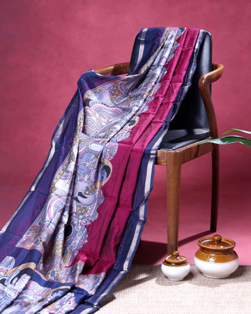 Elegant Semi Chanderi Saree with a Half Plain and Half Madubani Inspired Body and a Plain Border - Burgundy