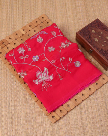 Elegant Women's Floral Embroidered Sequin Work 1 Meter Blouse Material - Red