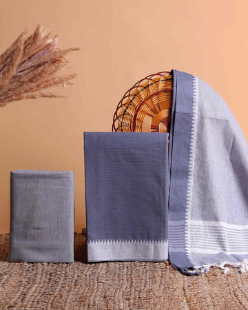 Women's Traditional Cotton Handloom Unstitched Salwar Suit Set Top 2.5m, Pant 2m, Dupatta 2.25m with Temple Inspired Border - Grey