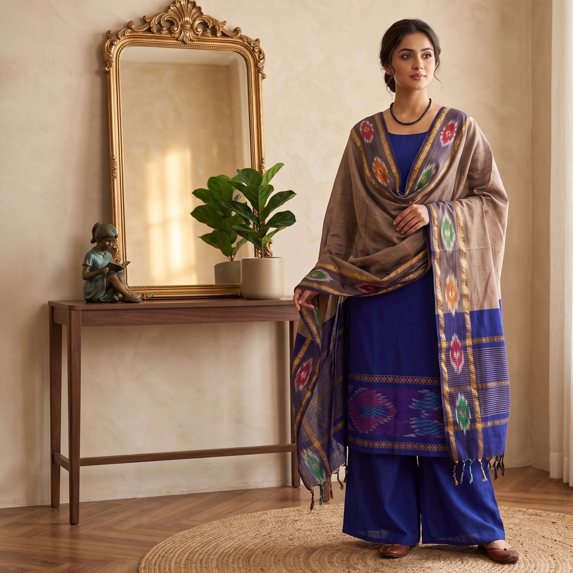 Dark Blue Salwar Material Set With Brown Pants Fabric And Colorful Ikat Dupatta Full Length Front View