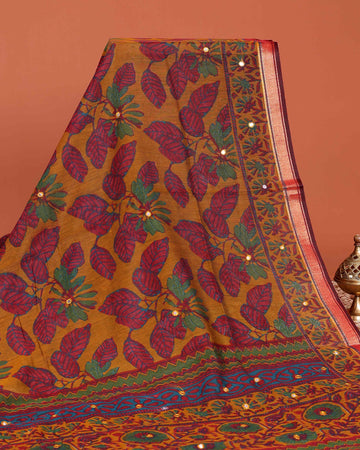 Elegant Semi Chanderi Saree with Floral Inspired Print and Zari Border - Mustard