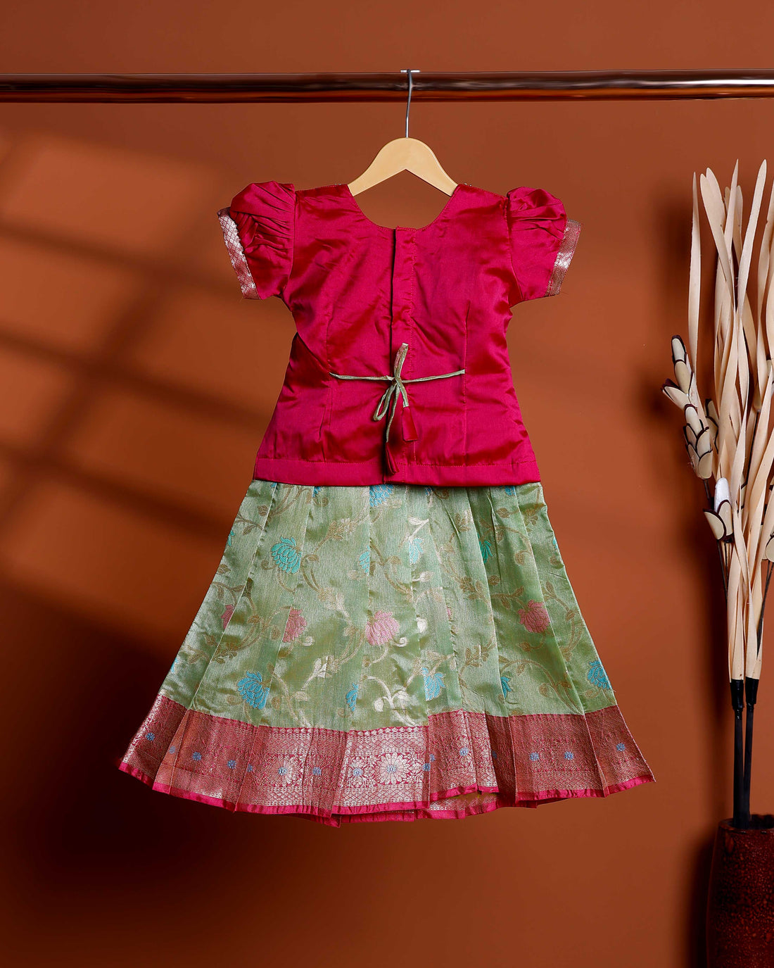 Kids Readymade Pattu Pavadai Set with Embellished Neck Puff Sleeve Blouse and Printed Silk Skirt - Purple
