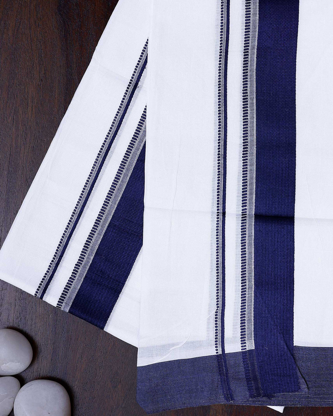 Men's Traditional Handwoven Cotton Dhoti with Navy Blue Border and Elegant Finish - White