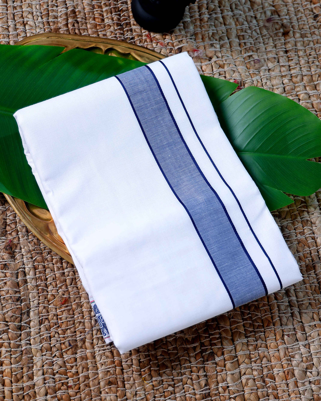 Men’s Cotton Dhoti with Blue Colour Border - White
