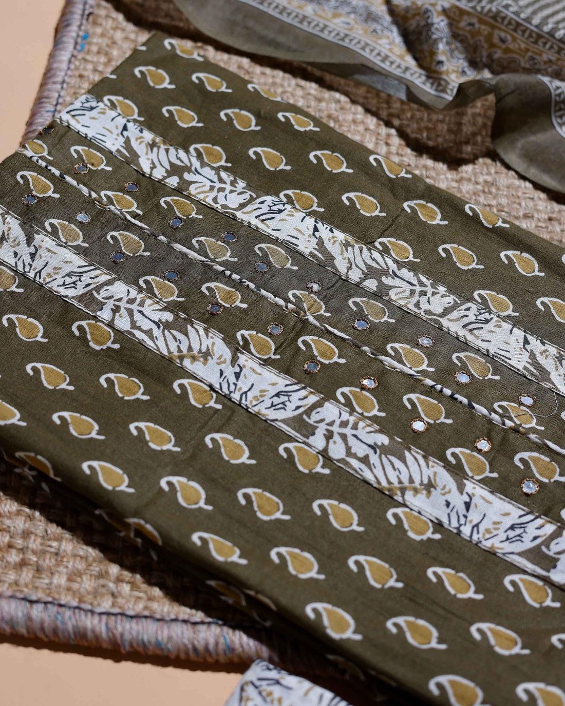 Women's Hand Block Printed Cotton Salwar Material with Dupatta - Green