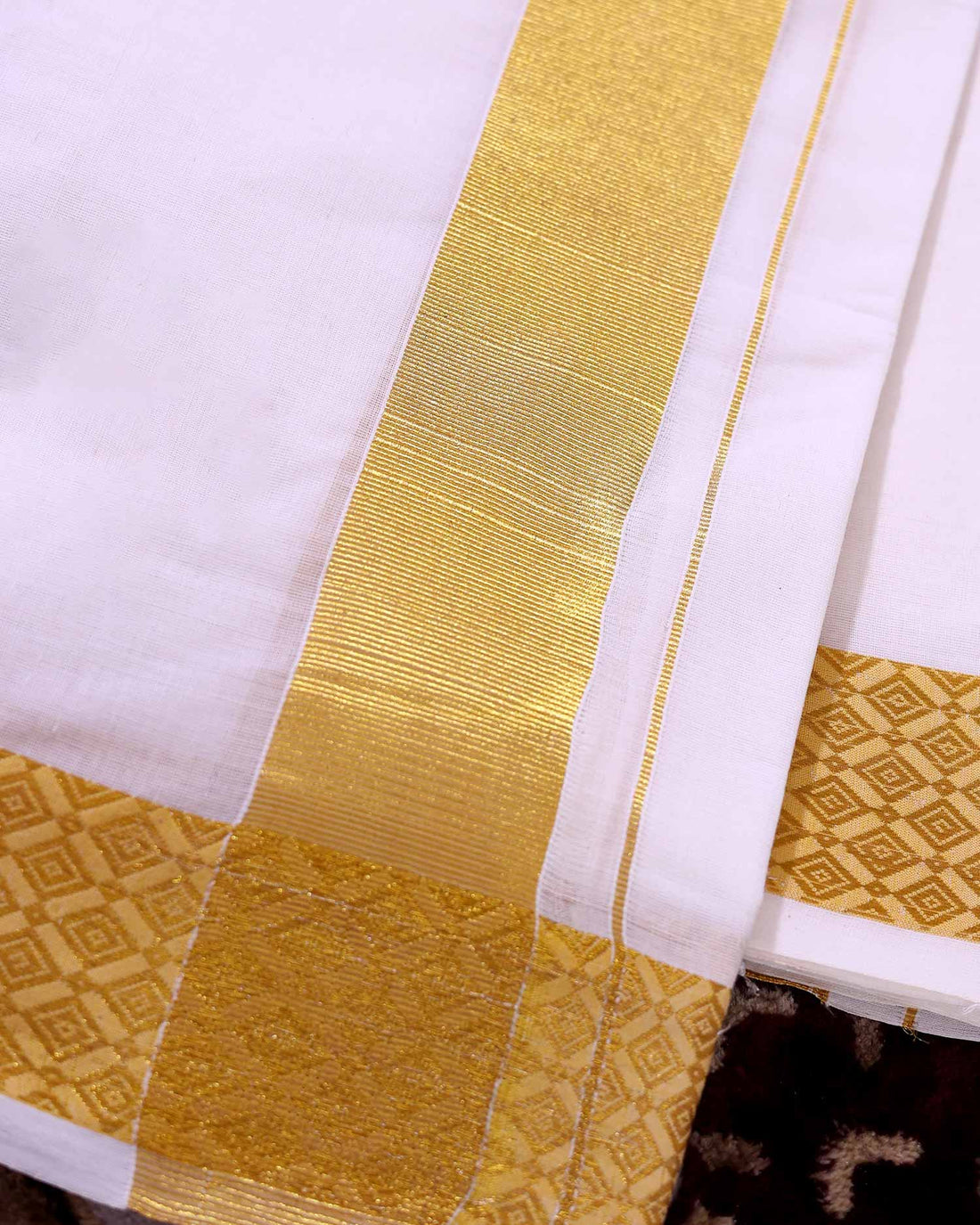 Traditional Men’s Handloom Cotton Dhoti 9*5 Meter with Gold Color Border – Off White