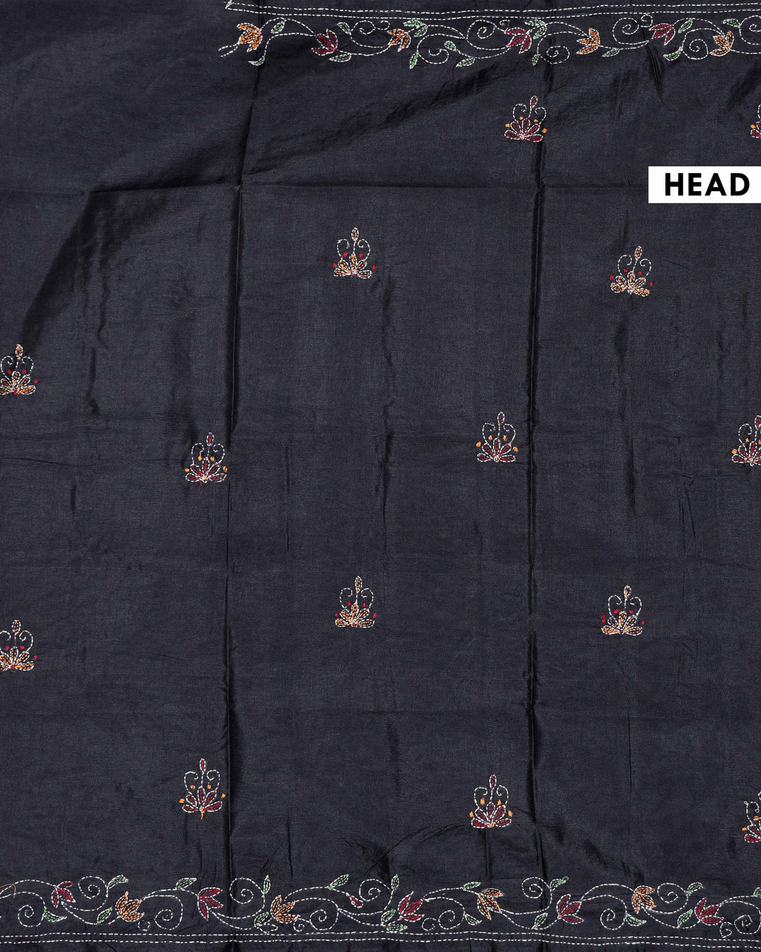 Elegant Hand Embroidered Kantha Work Saree with Intricate Floral and Paisley Motifs and Embroidered Border - Black