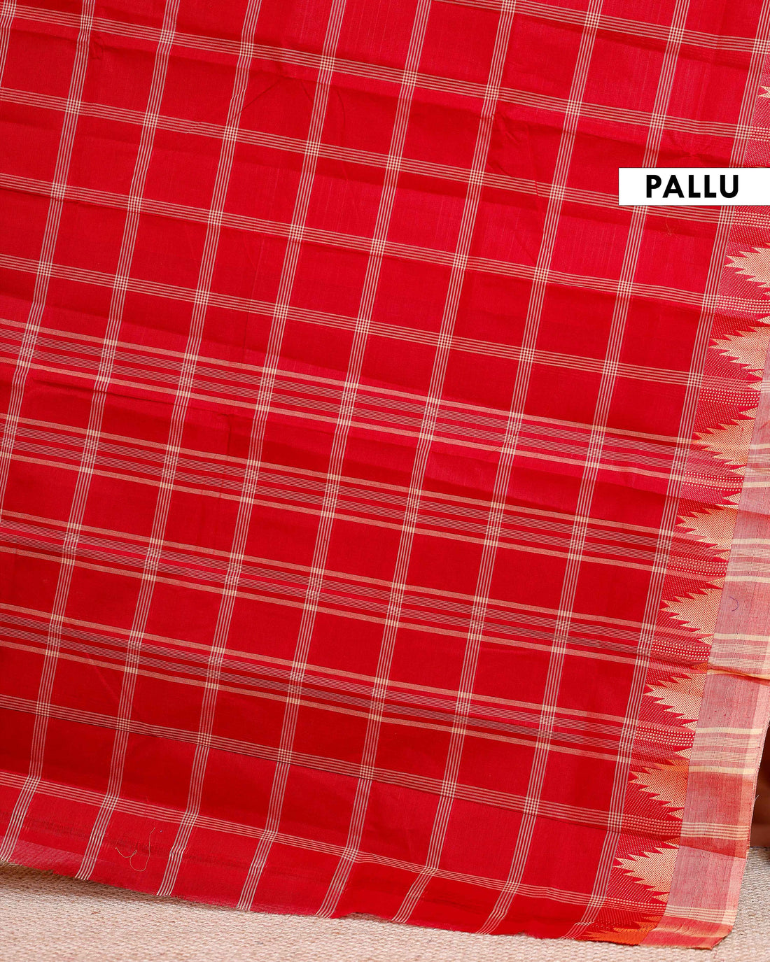 Traditional Chettinad Cotton Saree with Checked and Temple Border - Red