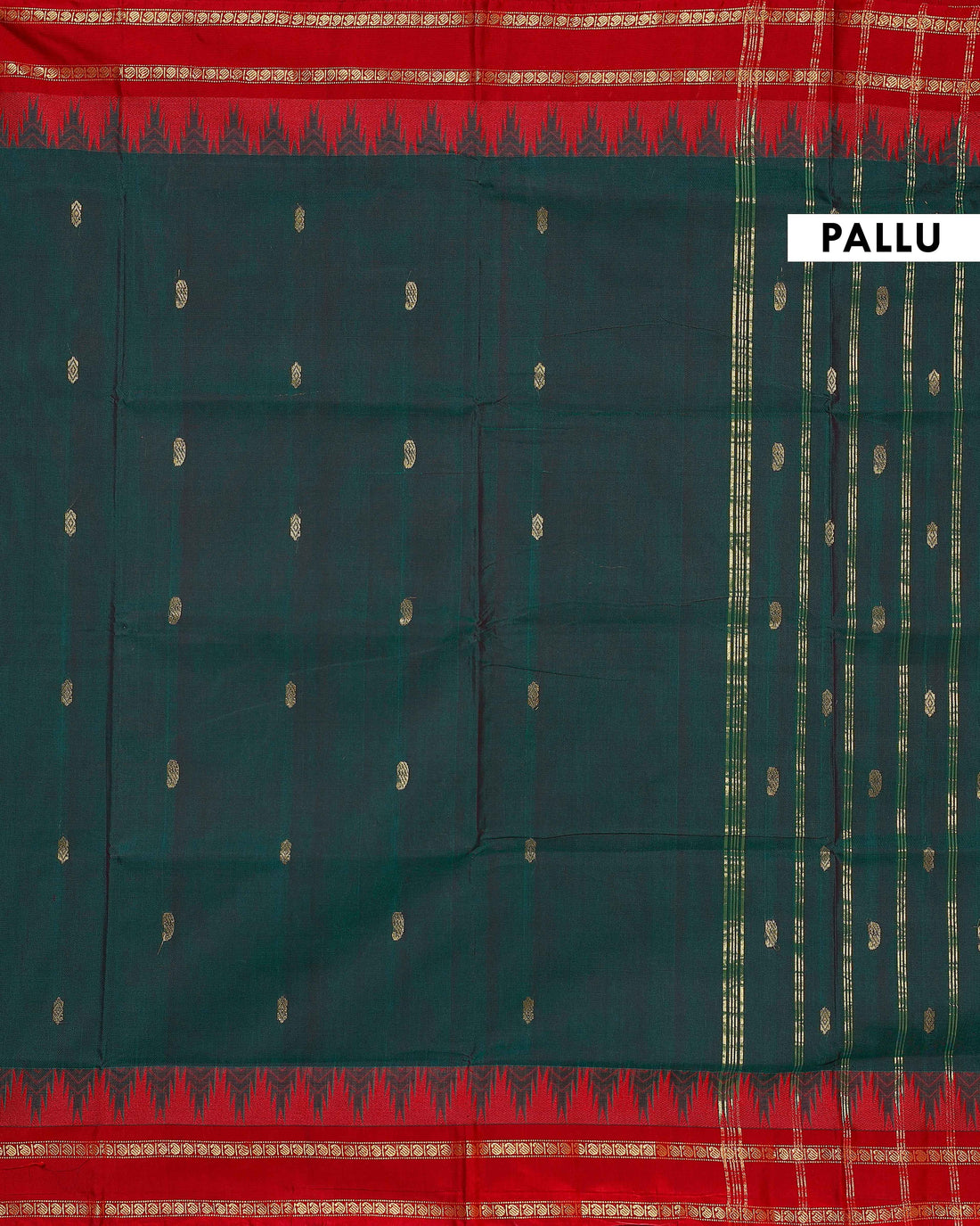Chettinad Handloom Cotton Saree with Traditional Temple Border and Striped Body - Green