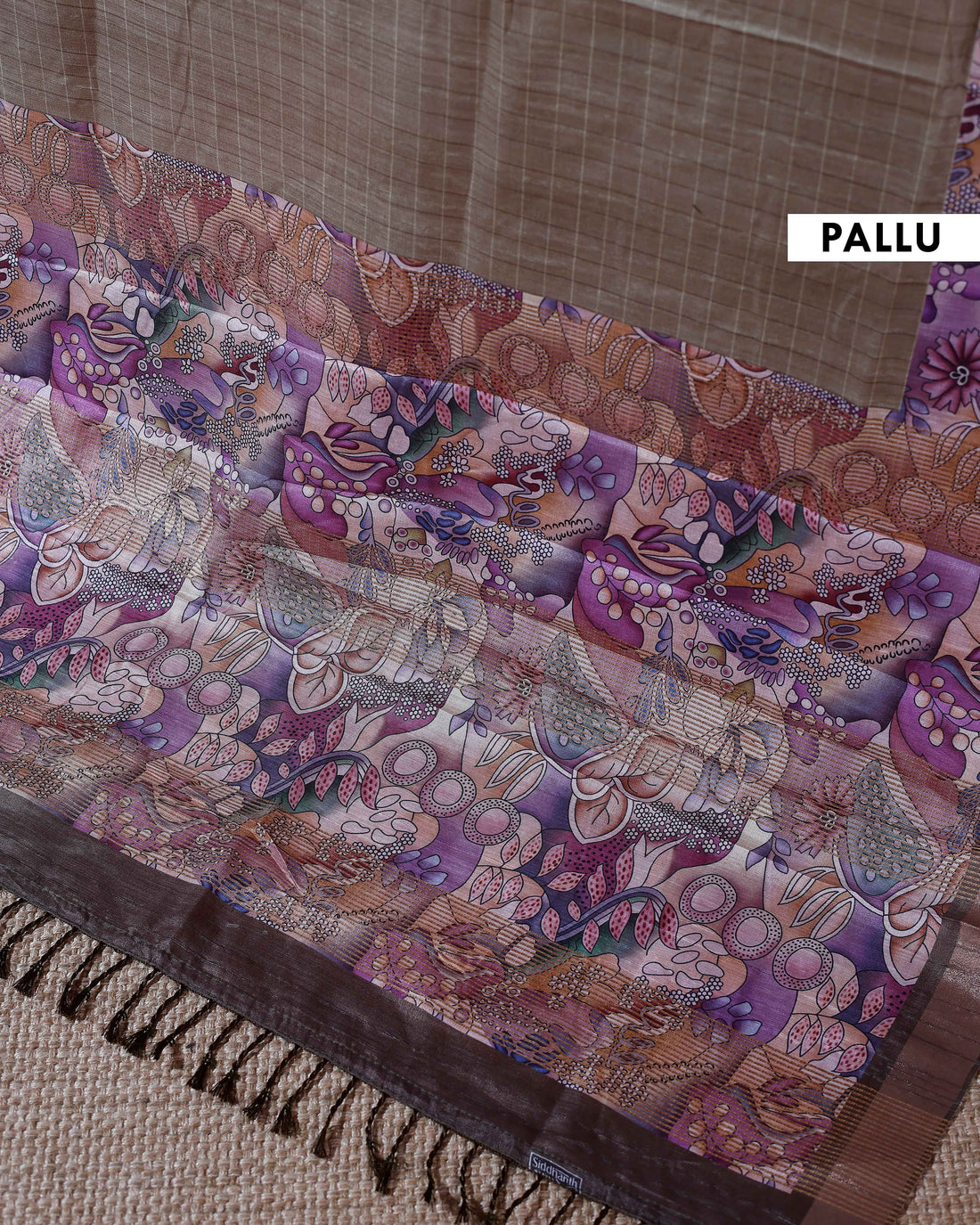 Elegant Semi Cotton Saree with Subtle Checkered Weave and Artistic Floral Patterned Border - Beige