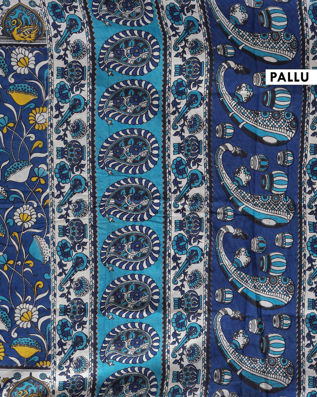 Handcrafted Kalamkari Cotton Saree with Traditional Floral & Peacock Motifs - Blue