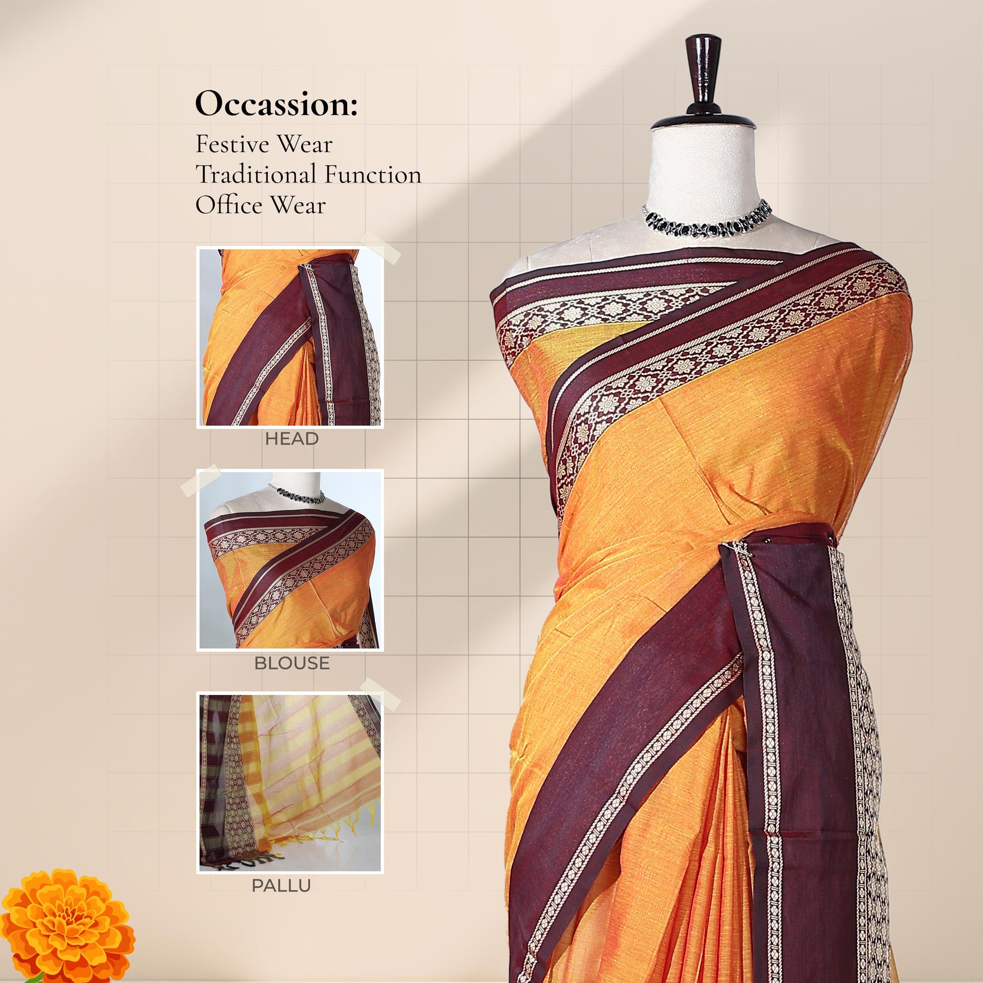 Mangalagiri Cotton Saree With  Maroon  Zari Border Designer Pallu And Running Blouse Piece For Festive And Office Wear