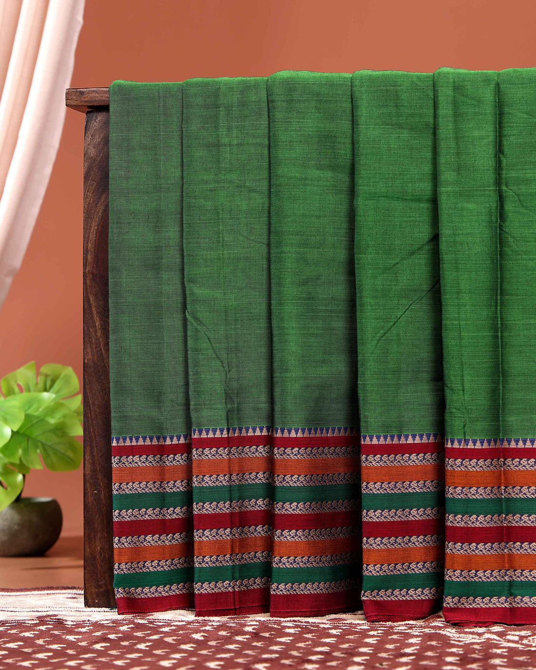 Elegant Narayanpet Cotton Saree Classic Temple Border and Striped Pallu - Green