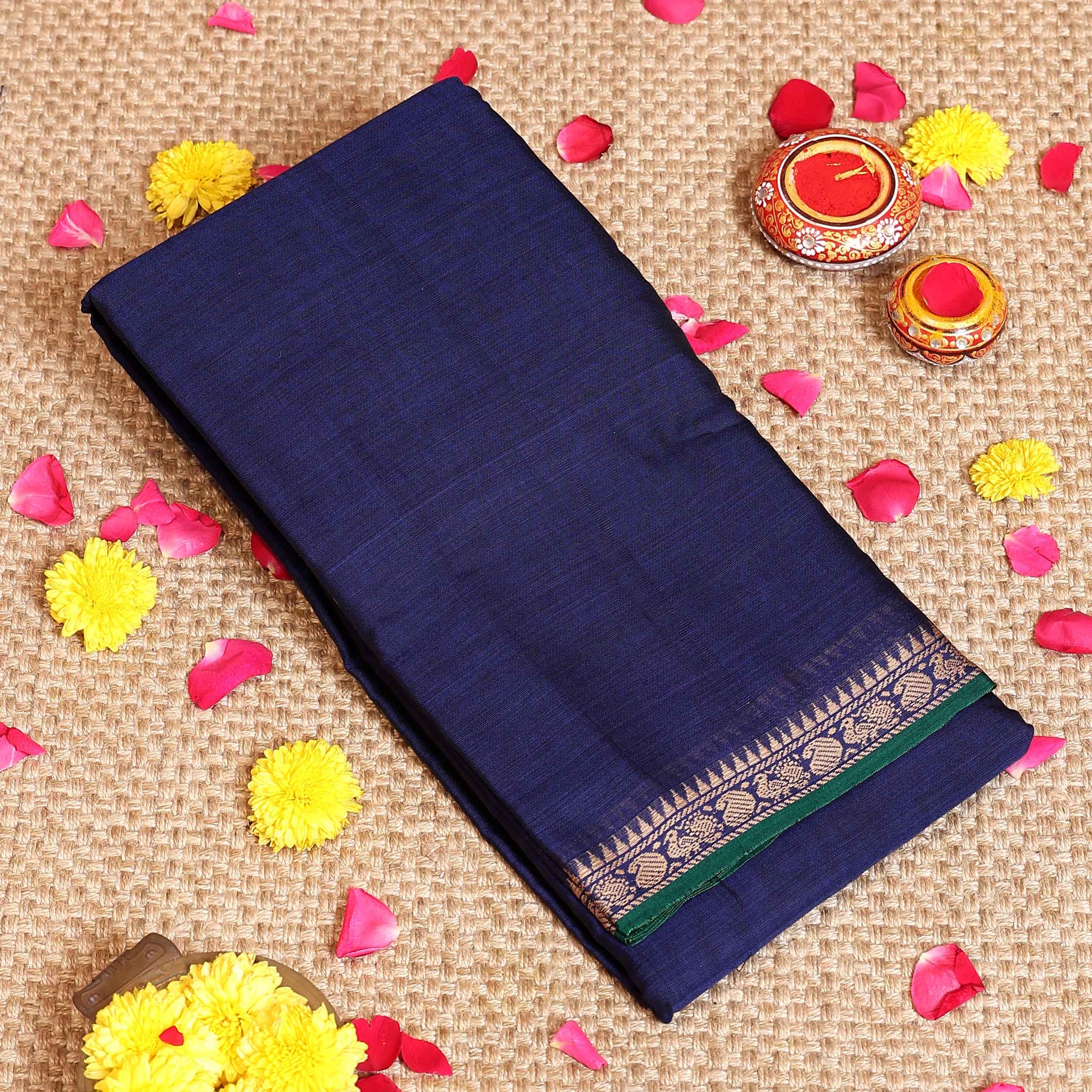 Traditional Handloom Narayanpet Cotton Saree with Traditional Zari Border - Dark Blue