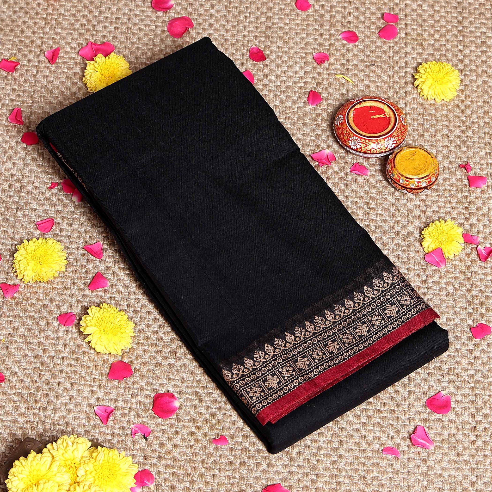 Traditional Narayanpet Cotton Saree with Traditional Zari Border & Temple Motif Detailing - Black