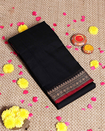 Traditional Narayanpet Cotton Saree with Traditional Zari Border & Temple Motif Detailing - Black