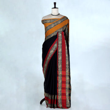 Black Mangalagiri Cotton Saree for Women | Festive Summer Collection | Jeyachandran - Full View