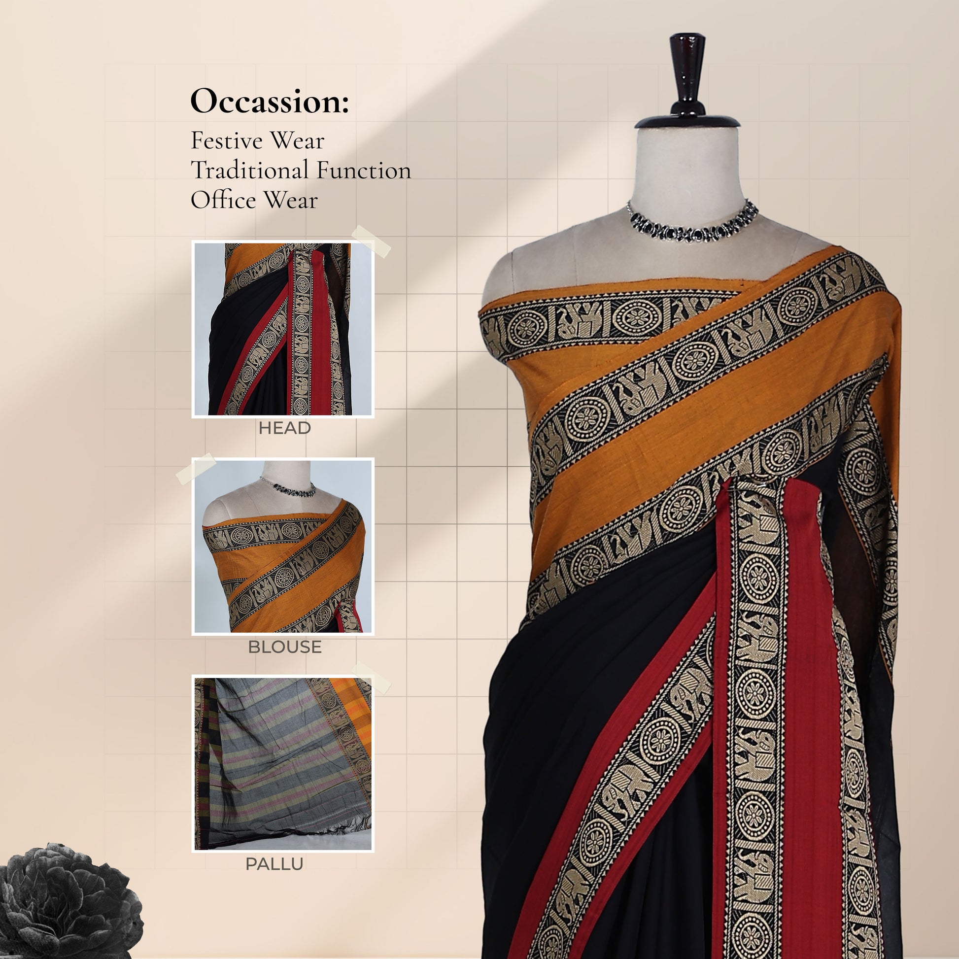 Mangalagiri Cotton Saree With Elephant Motif Border In Black, Mustard And Red Draped On Mannequin Front View
