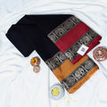 Mangalagiri Cotton Saree With Black Body, Red And Mustard Elephant Motif Border, Folded Flat Front View
