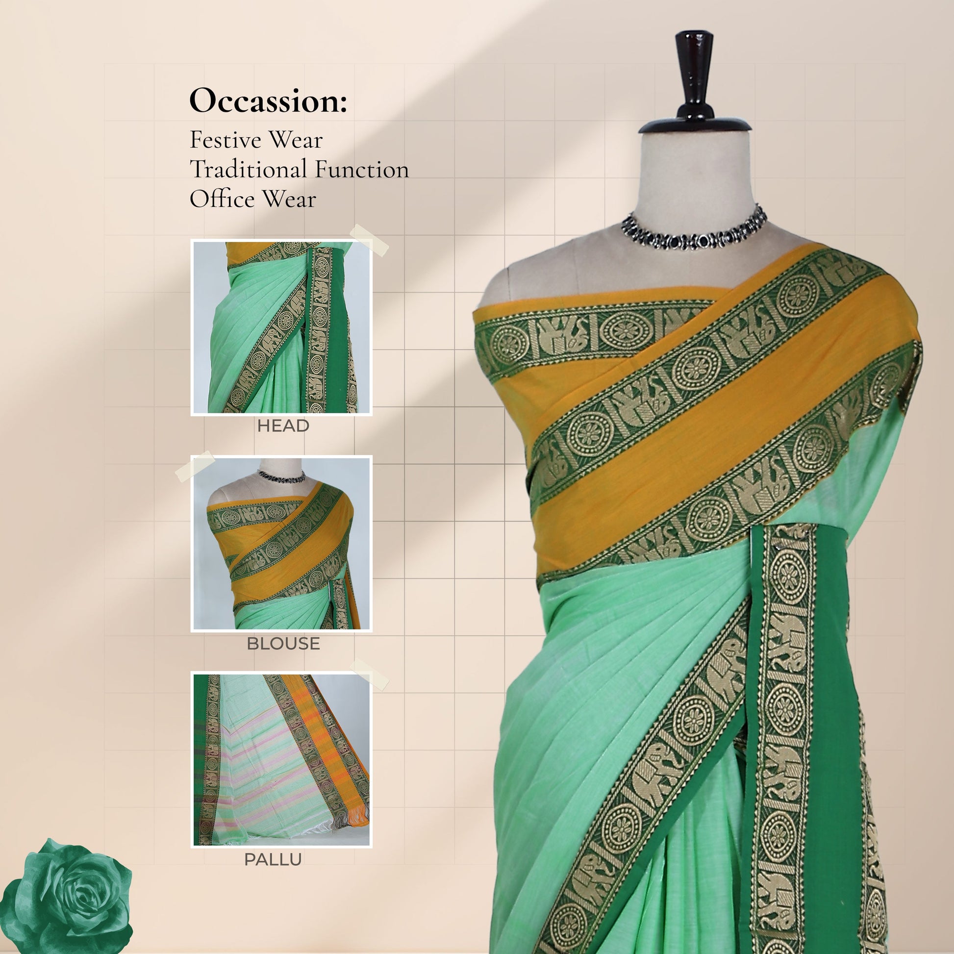 Mangalagiri Cotton Saree In Green And Mustard Yellow Intricate Elephant Motif Woven Borders Soft Cotton Texture And Perfect For Festive, Office And Traditional Wear