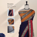Mangalagiri Cotton Saree With Elephant Motif Border In Red , Mustard And Navy Blue Draped On Mannequin Front View