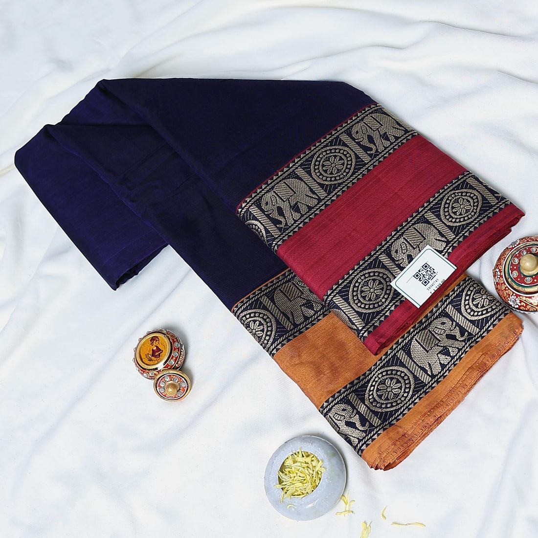 Navy Blue Mangalagiri Cotton Saree for Women | Festive Summer Collection | Jeyachandran - Full View