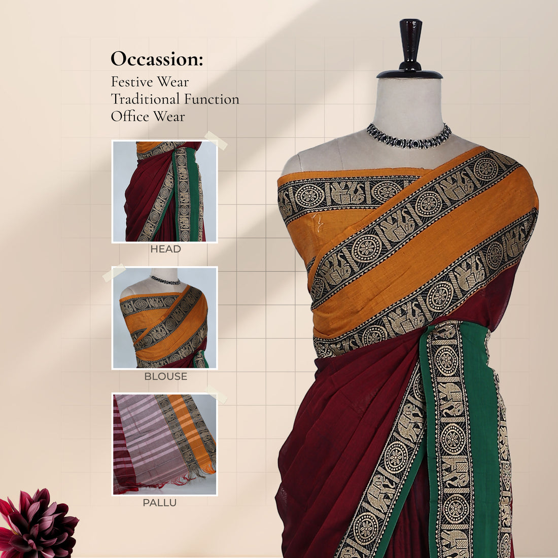 Maroon Mangalagiri Cotton Saree for Women | Festive Summer Collection | Jeyachandran - Full View