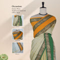 Mangalagiri Cotton Saree With Elephant Motif Border In Green, Mustard And Light Green Draped On Mannequin Front View