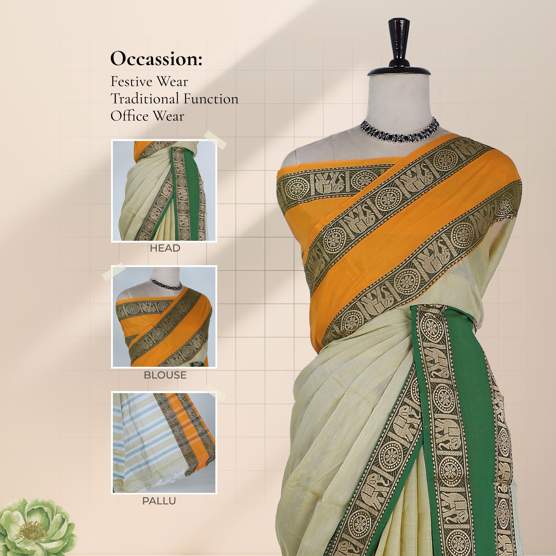 Mangalagiri Cotton Saree With Elephant Motif Border In Green, Mustard And Light Green Draped On Mannequin Front View