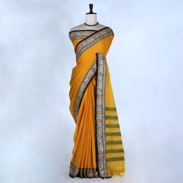 Mangalagiri Handloom Cotton Saree with Solid Body Peacock & Elephant Zari Woven Border - Full View