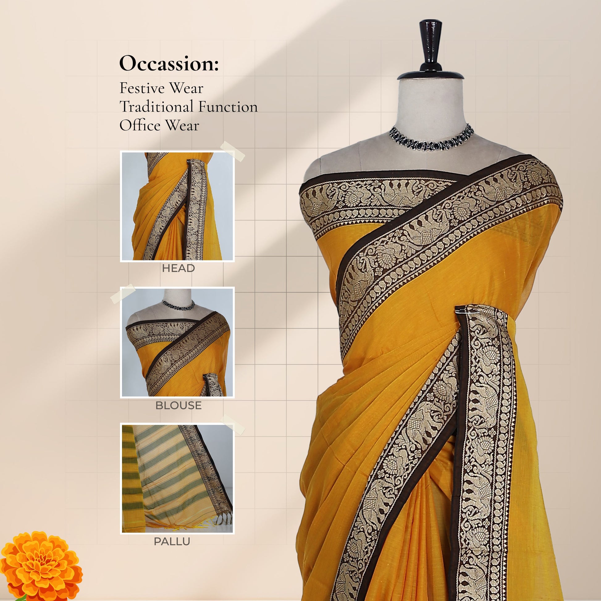  Yellow Handloom Mangalagiri Cotton Saree With Black Zari Border Matching Blouse Piece And Striped Pallu