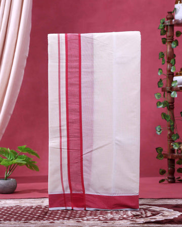 Men’s Traditional Handloom 9*5 Meter Cotton Dhoti with Red Border - Off White