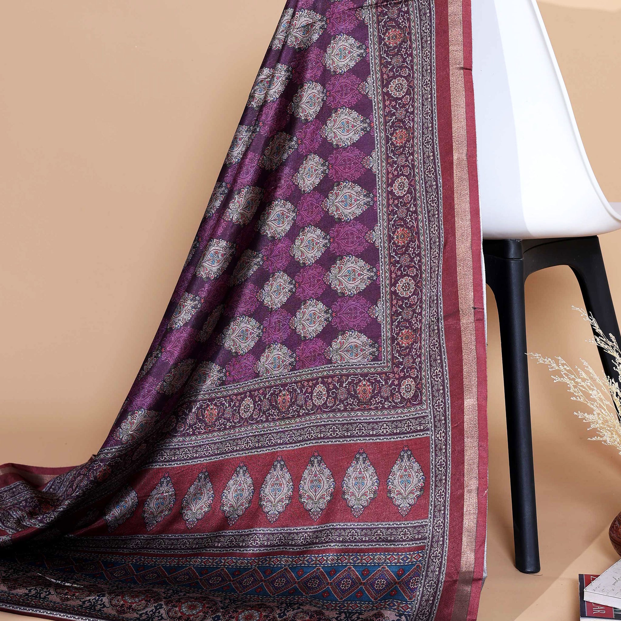 Ethnic Purple Semi Chanderi saree with Multi-color Paisley and Floral Design