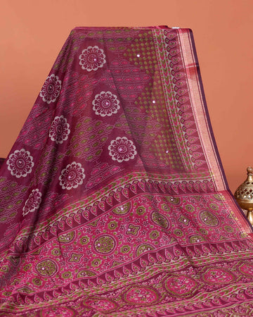 Classic Semi Chanderi Saree with Floral Inspired Print and Zari Border - Burgundy
