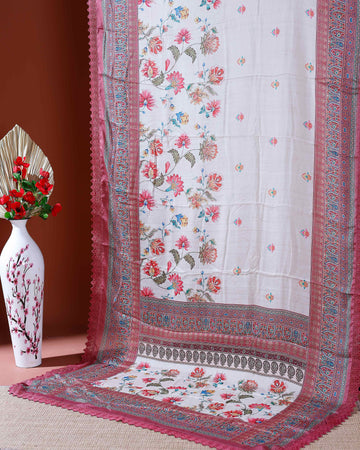 Elegant Georgette Saree with Intricate Floral Embroidery and Traditional Patterned Border - Cream