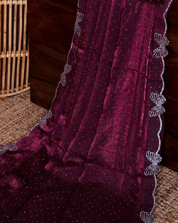 Classic Embellished Fancy Saree with Delicate Butterfly Patterned Lace Border - Burgundy