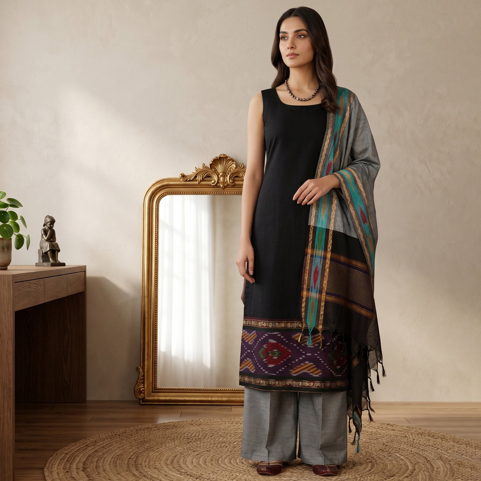 Black Salwar Material Set With Grey Pants Fabric And Colorful Ikat Dupatta Full Length Front View