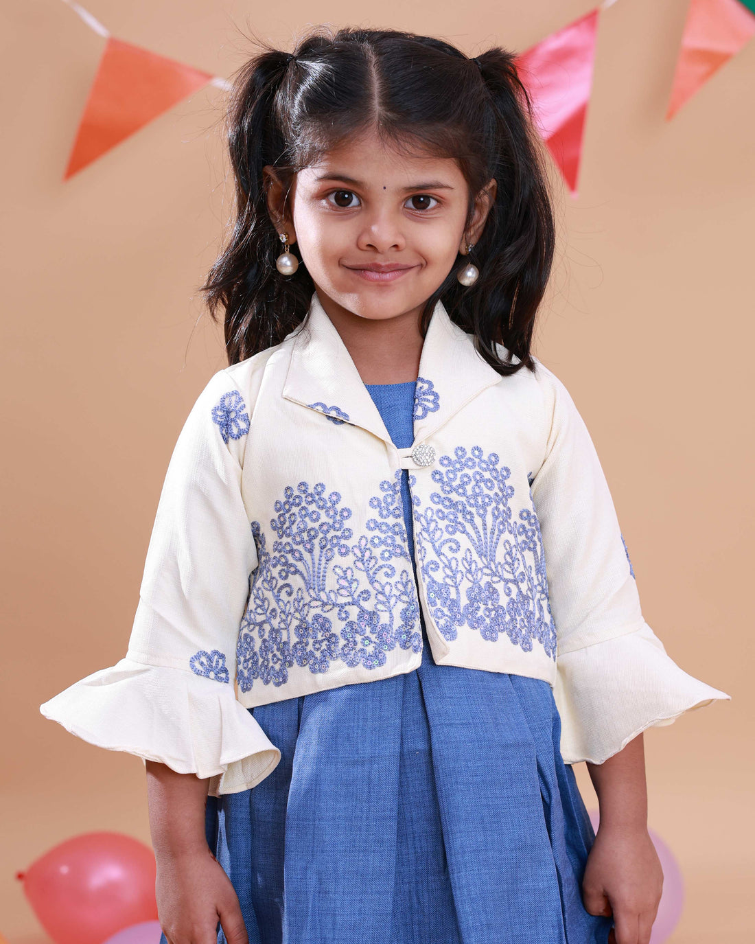 Elegant Kids' Ethnic Print Collared Frock with Pleated Skirt - Cream