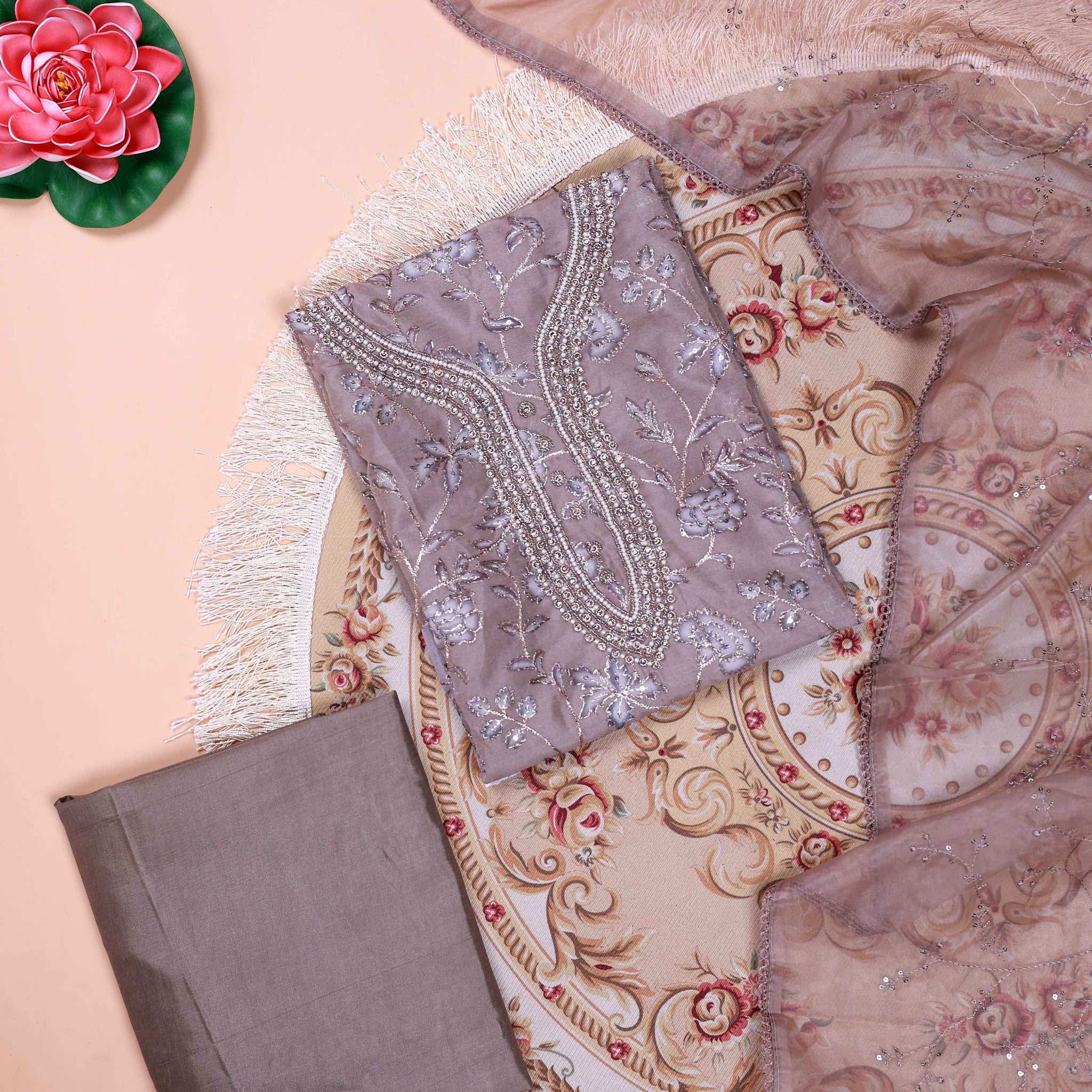 Women's Floral Embroidered Salwar Suit Material with Beaded Neckline and Net Dupatta - Grey