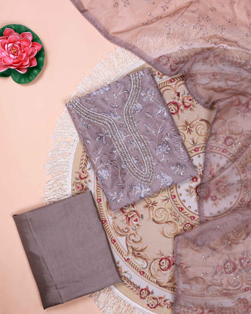 Women's Floral Embroidered Salwar Suit Material with Beaded Neckline and Net Dupatta - Grey