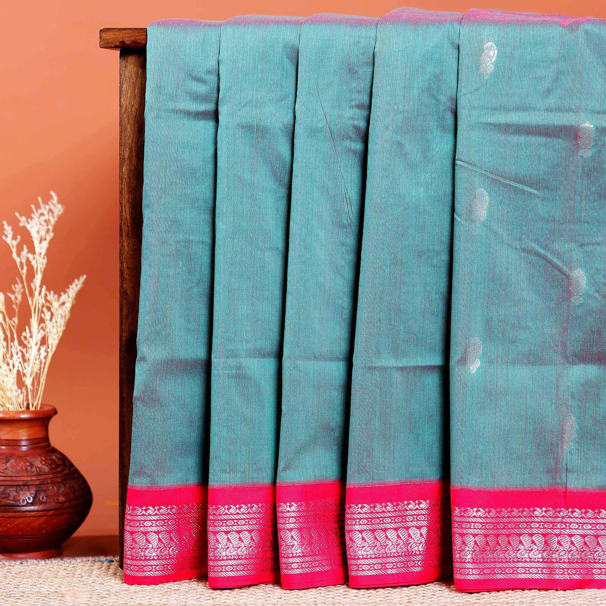 Handloom Kalyani Cotton Saree with Contrast Woven Border and Zari Details - Teal