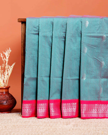 Handloom Kalyani Cotton Saree with Contrast Woven Border and Zari Details - Teal