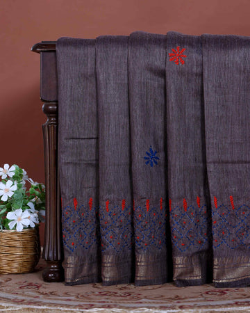 Elegant Kantha Hand Embroidered Saree with Intricate Floral Motif and Contrast Border - Dusty Purple